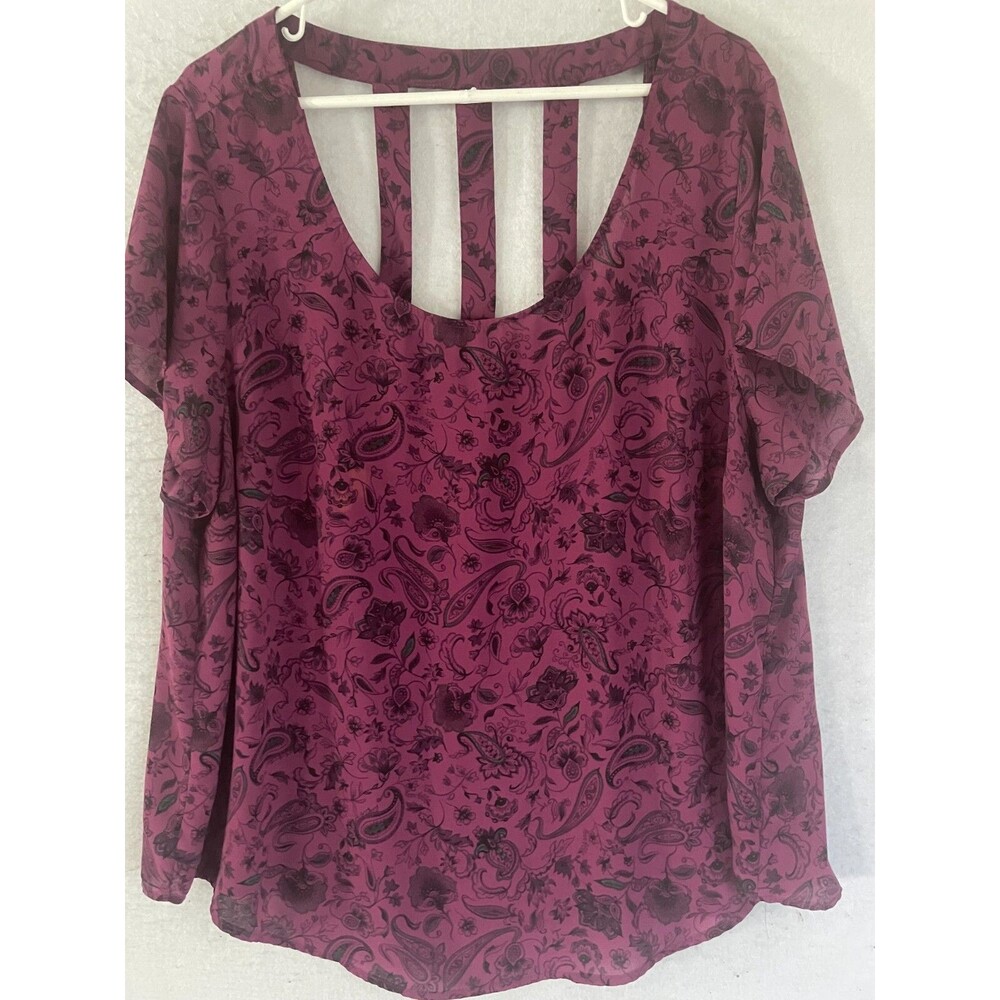 Torrid 2X Purple Paisley Blouse Floral Abbey Georgette Cage Back Blouse NEW